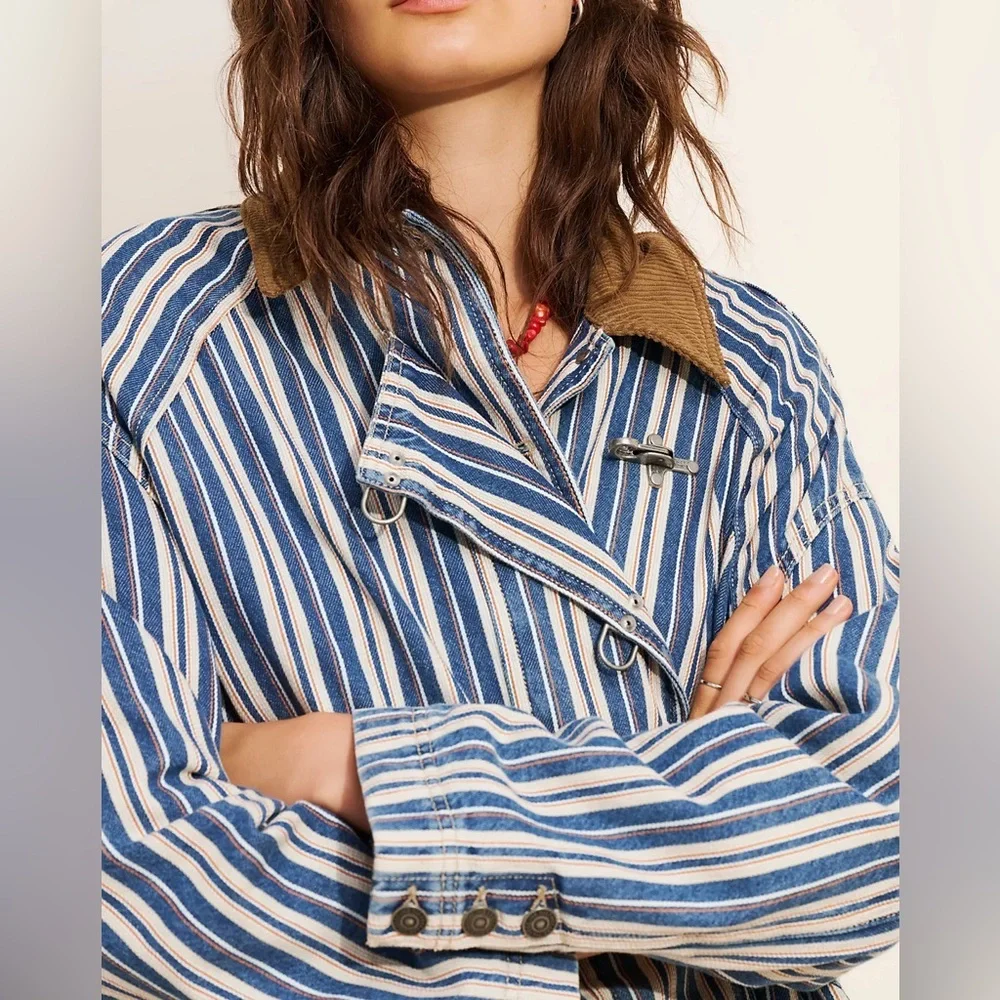 Free People We The Free Striped Denim Barn Coat - Picture 6 of 12